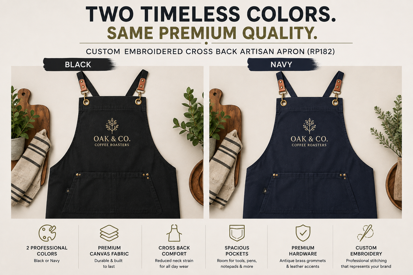 Custom embroidered RP182 artisan apron available in Black and Navy color options.