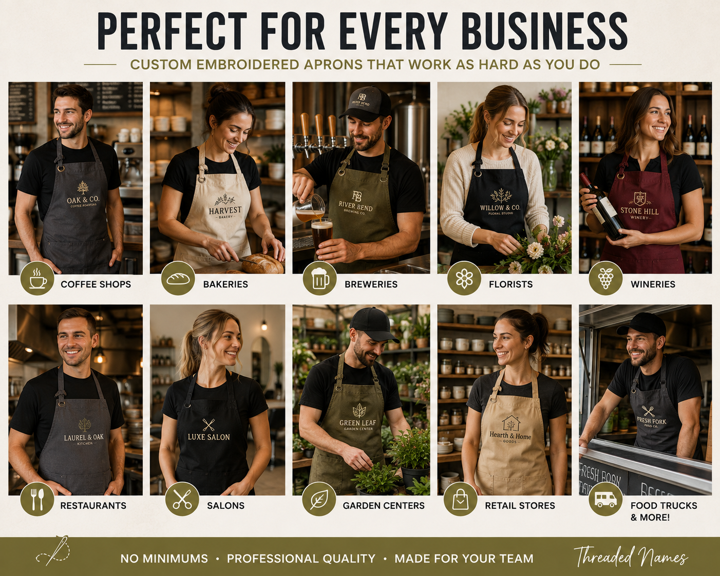 Custom embroidered artisan aprons ideal for coffee shops, bakeries, breweries, florists, wineries, restaurants, salons, garden centers, retail stores and food trucks.