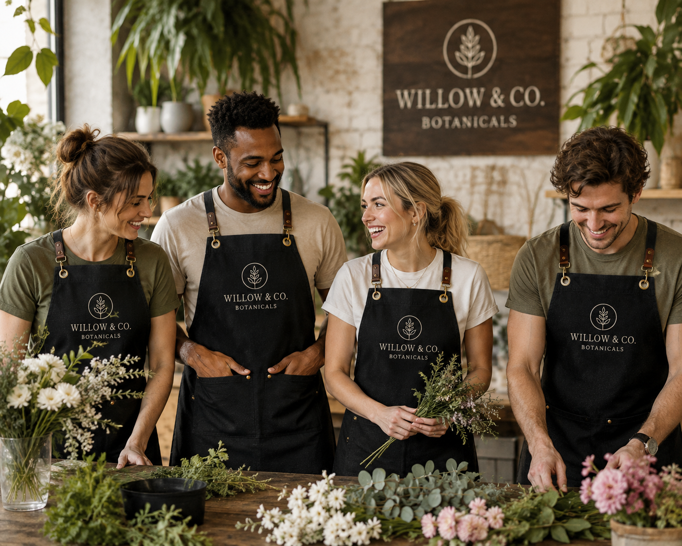 Coffee shop employees wearing custom embroidered cross back artisan aprons with professional business branding.