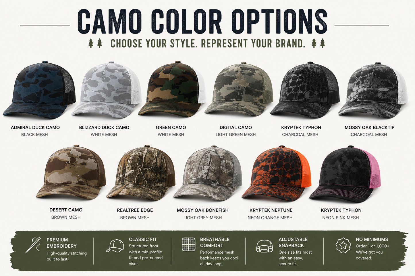 Available camouflage trucker hat colors including navy camo, woodland, digital, desert, snow, Realtree, smoke, and Kryptek patterns.