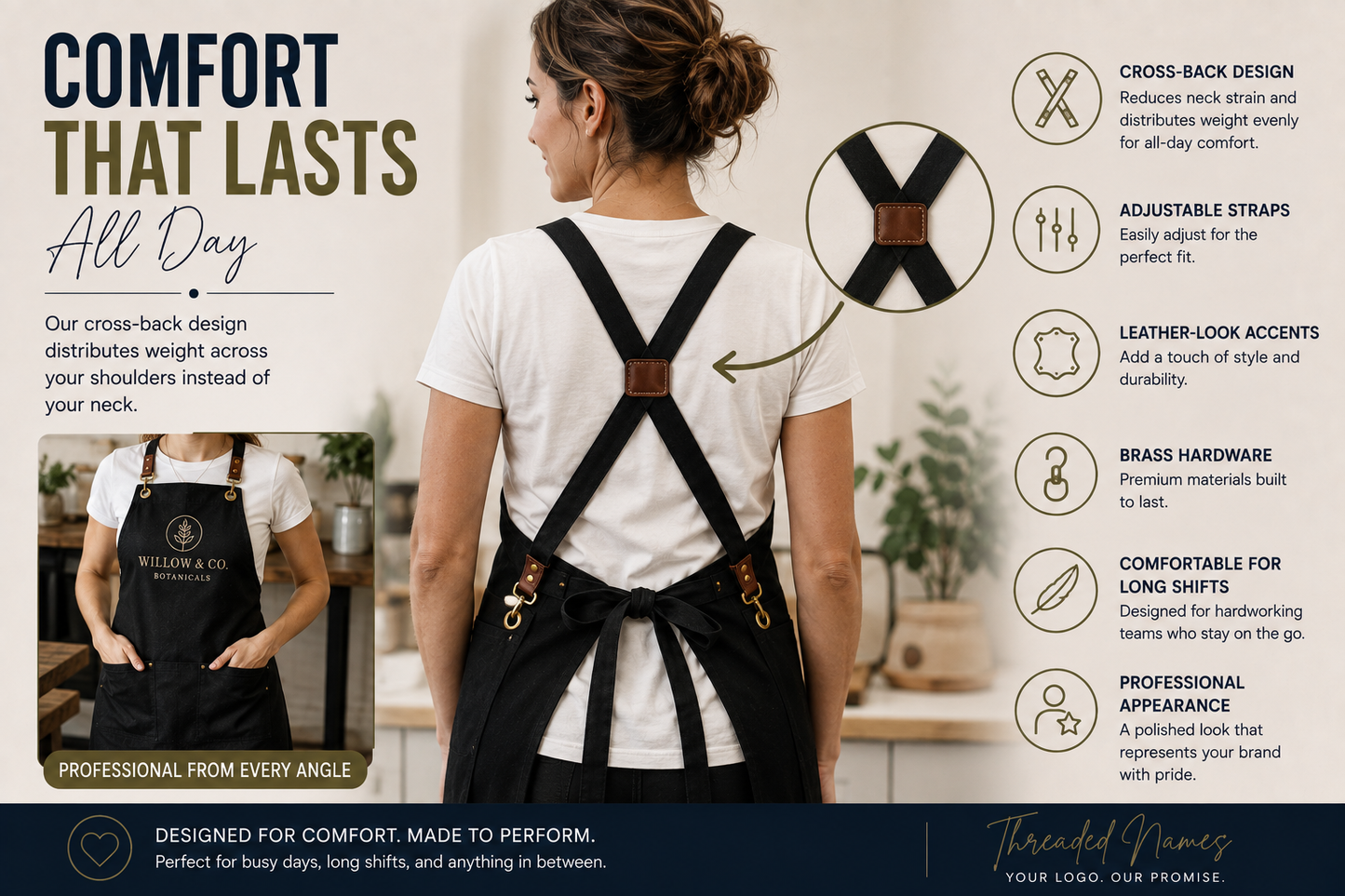 Back view of the Threaded Names Artisan Cross Back Apron showing the comfortable cross-back strap design with adjustable leather-look strap connectors and brass hardware. The image highlights ergonomic weight distribution, all-day comfort, and premium construction for restaurants, cafés, bakeries, breweries, salons, florists, and retail teams.