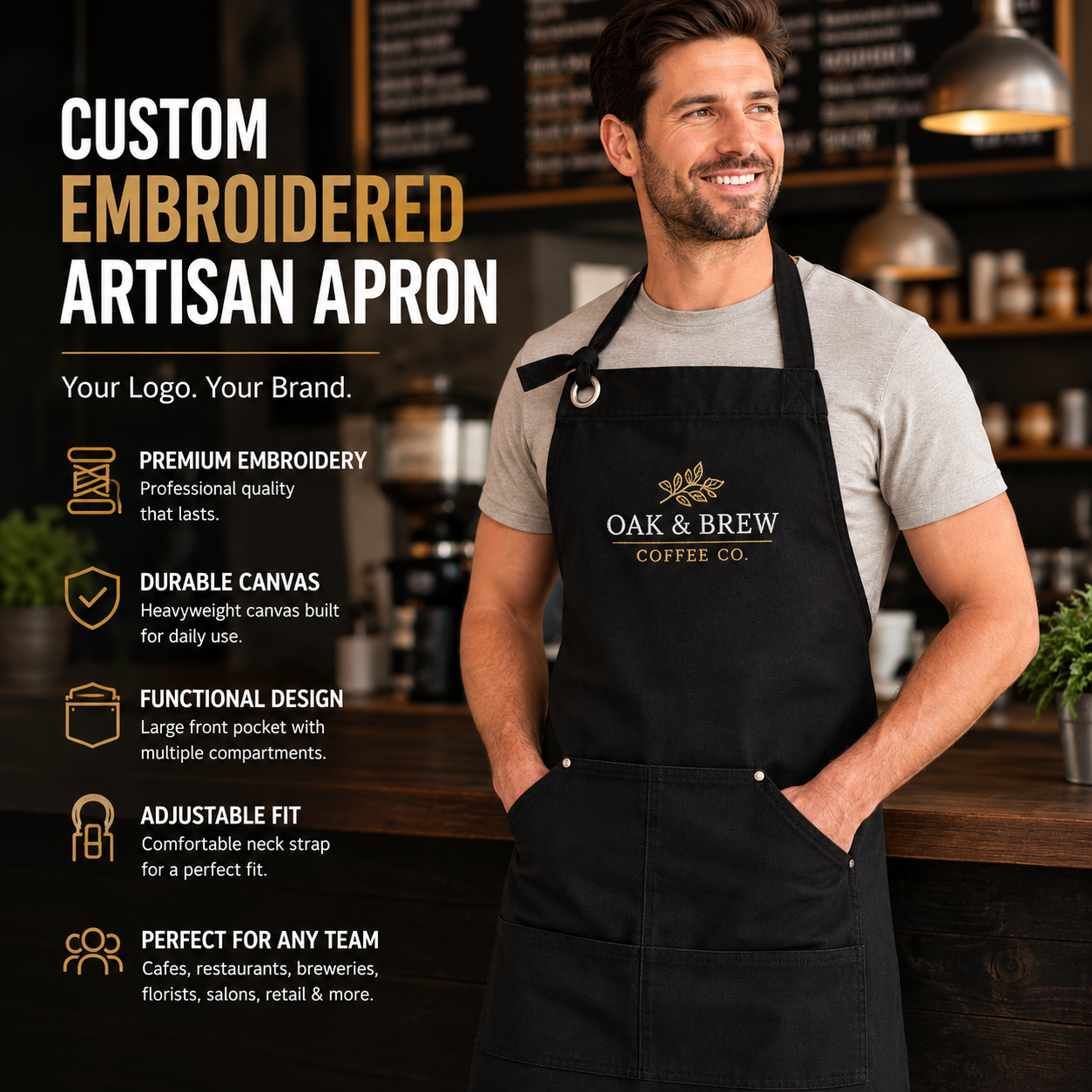 Custom embroidered RP137 artisan apron with centered business logo, premium canvas work apron for restaurants, coffee shops, breweries and retail teams.