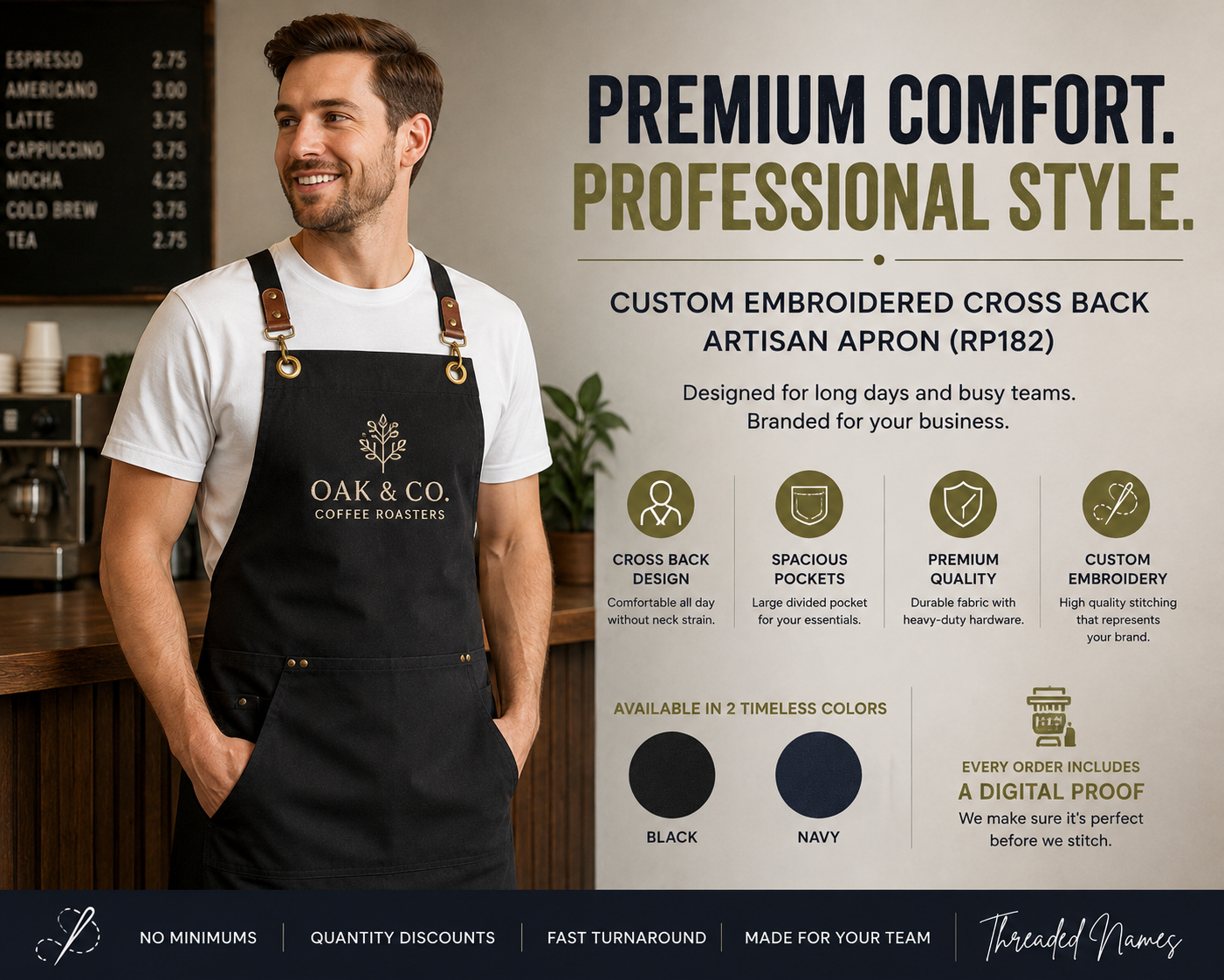 Black artisan cross back apron with custom embroidered business logo and premium leather strap details.