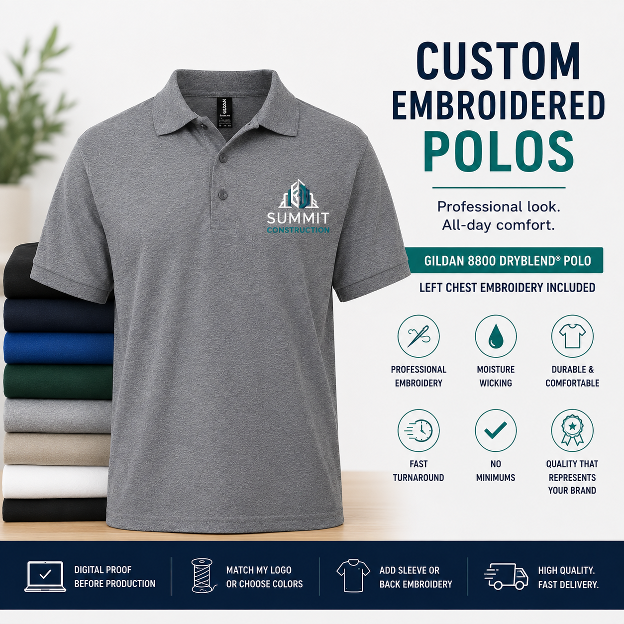 Navy Gildan 8800 DryBlend polo with custom embroidered company logo on the left chest for business uniforms and team apparel.