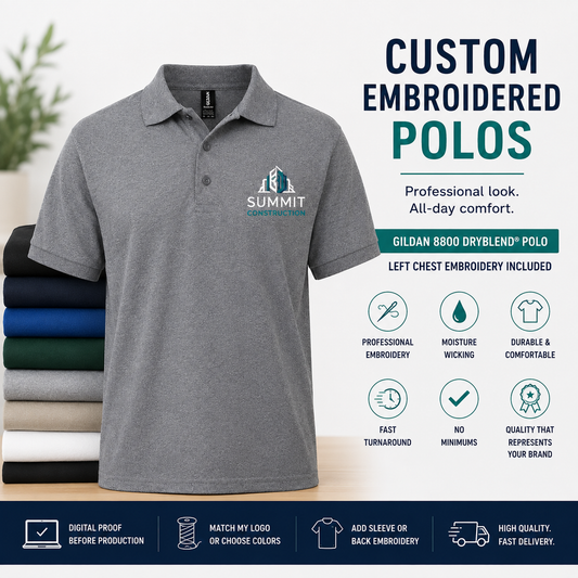 Navy Gildan 8800 DryBlend polo with custom embroidered company logo on the left chest for business uniforms and team apparel.