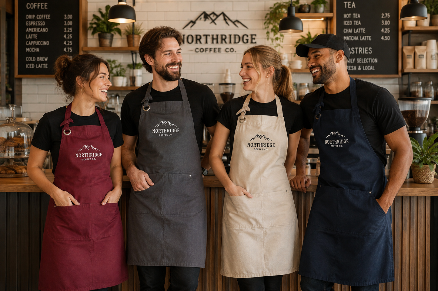 Employees wearing custom embroidered artisan aprons in a professional café setting, perfect for restaurants, coffee shops and retail businesses.