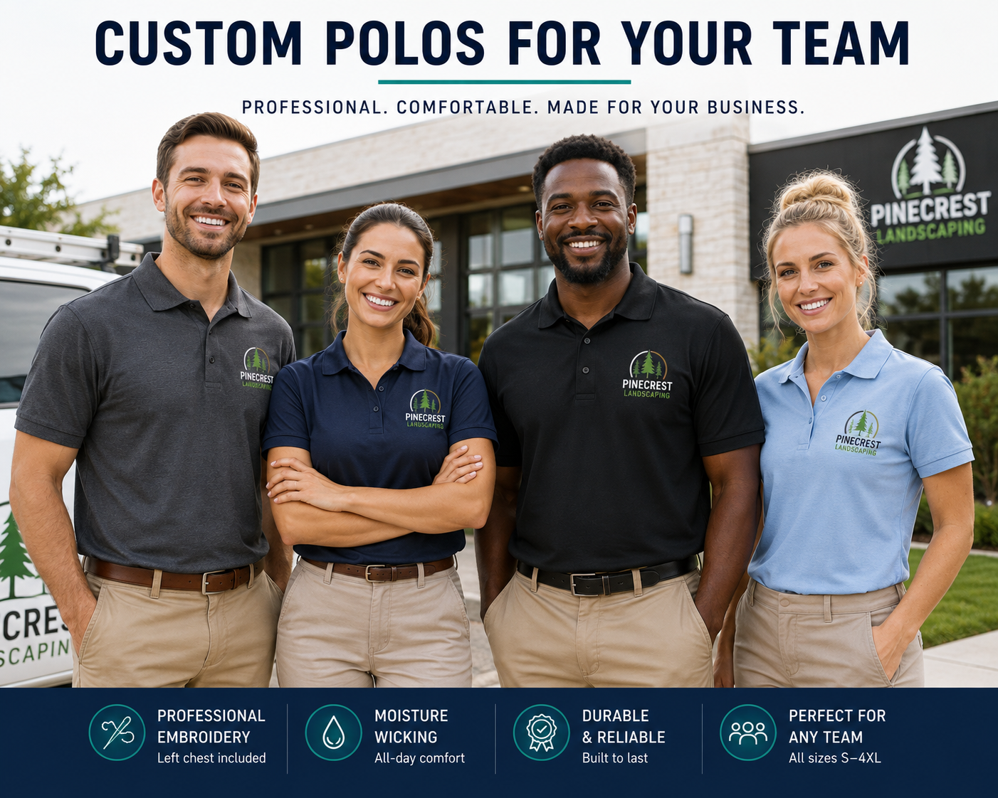 Team members wearing matching custom embroidered Gildan 8800 DryBlend polos with professional company branding.