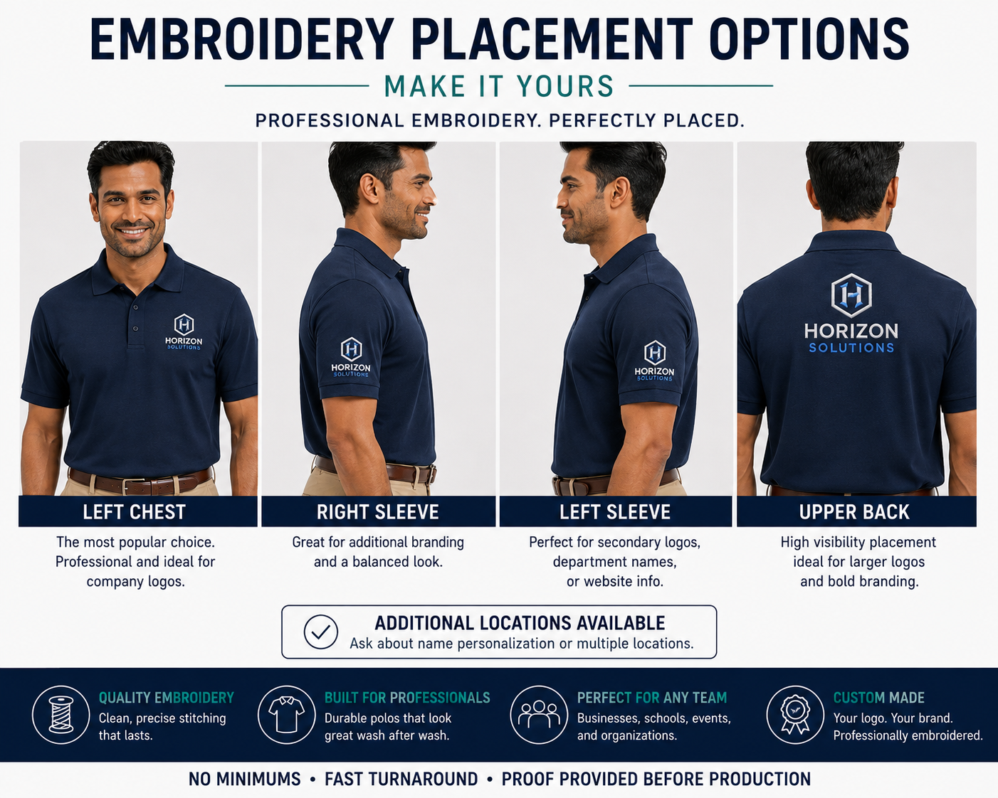 Embroidery placement guide showing left chest, sleeve, and upper back logo locations on a custom embroidered Gildan 8800 polo shirt.