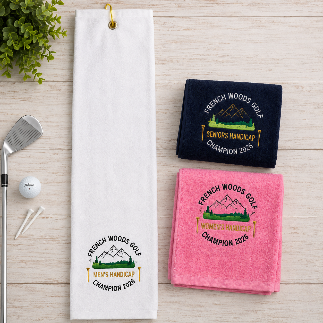 Bulk custom golf towels for golf courses and tournaments.