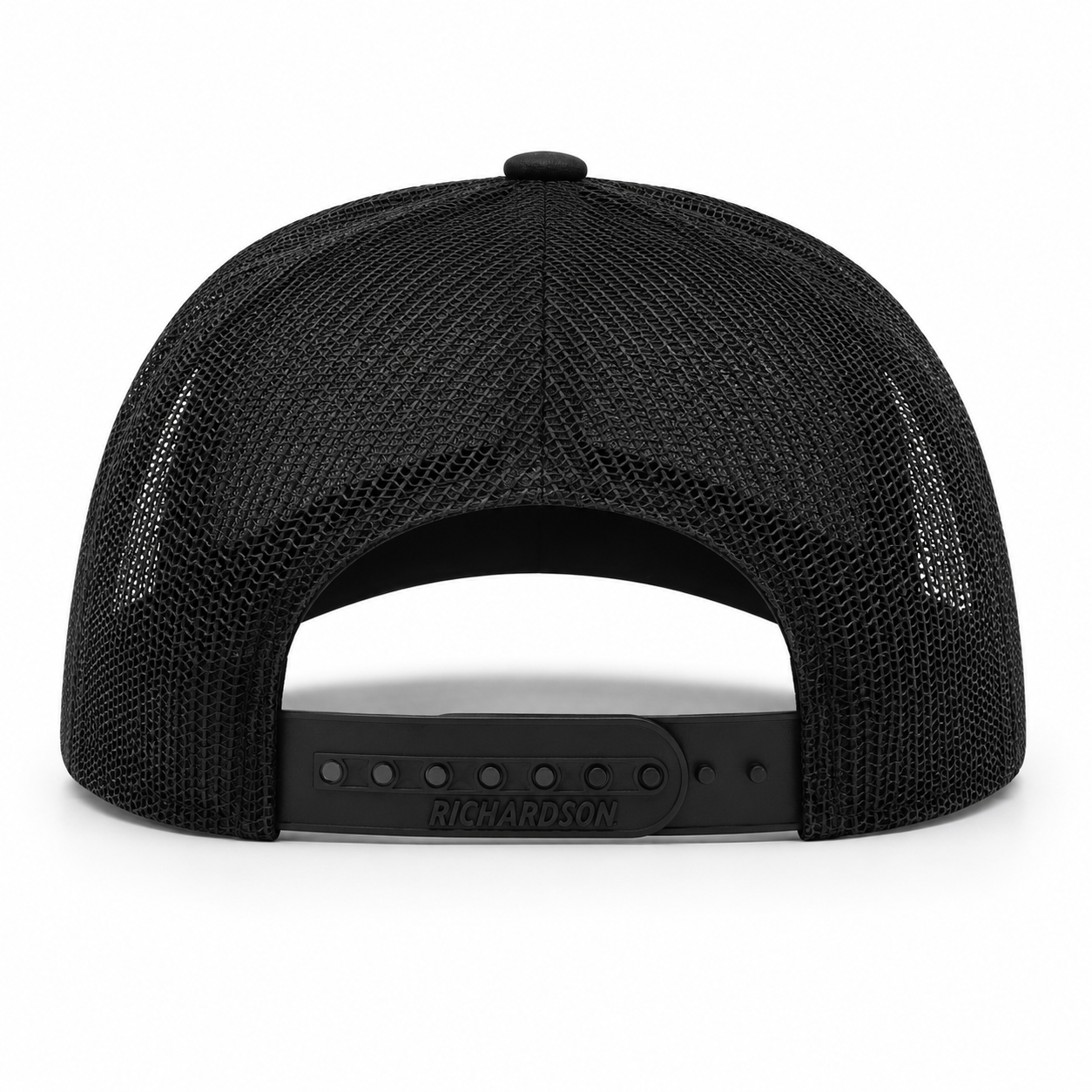 RICHARDSON black trucker hat shown from the back, featuring a black mesh back and a black plastic snap closure with the brand name 'RICHARDSON' debossed.