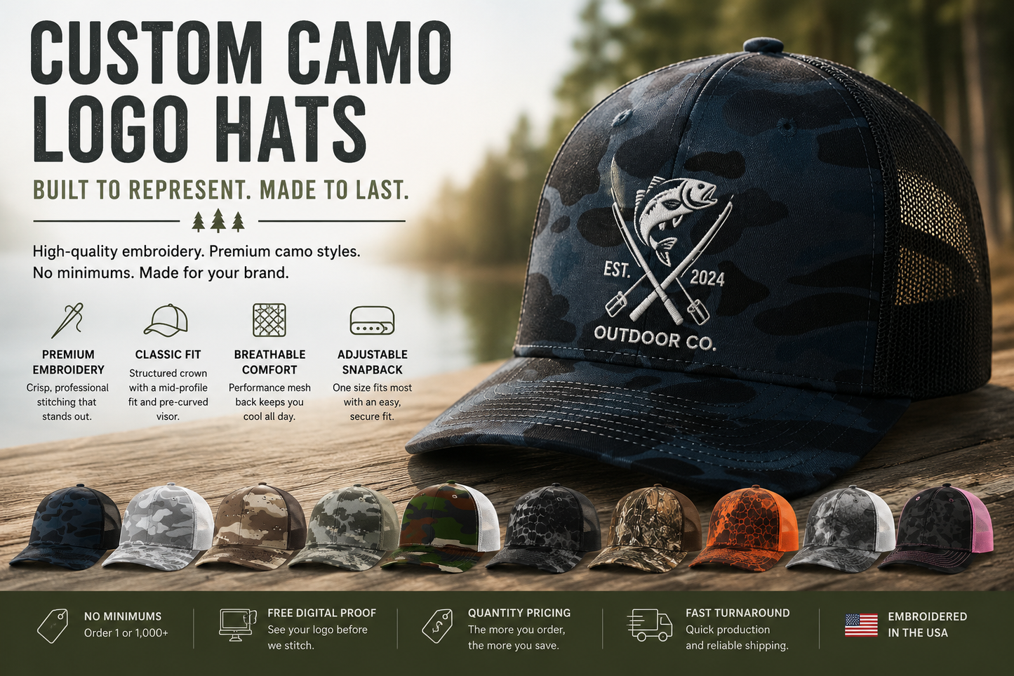 Custom embroidered camouflage trucker hats available in multiple camo patterns with personalized company logos.