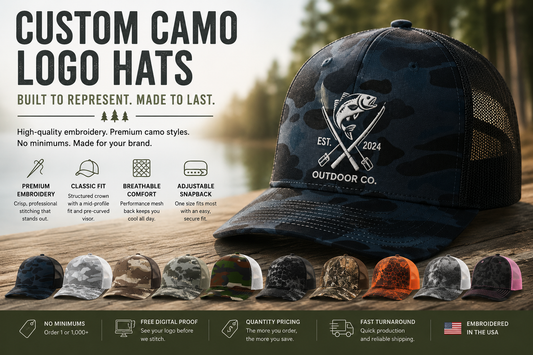 Custom embroidered camouflage trucker hats available in multiple camo patterns with personalized company logos.