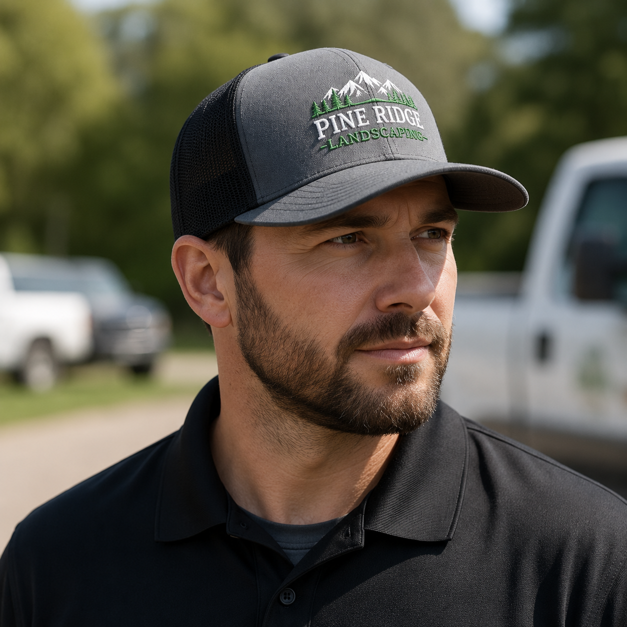Business owner wearing custom embroidered Richardson 112 hat