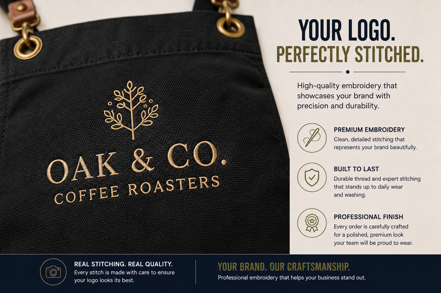 Close-up of premium embroidery on a black artisan apron showing crisp, detailed logo stitching.