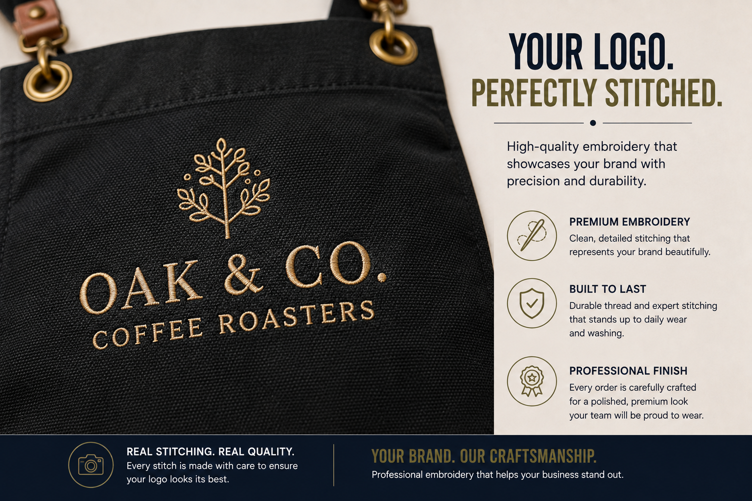 Close-up of premium embroidery on a black artisan apron showing crisp, detailed logo stitching.