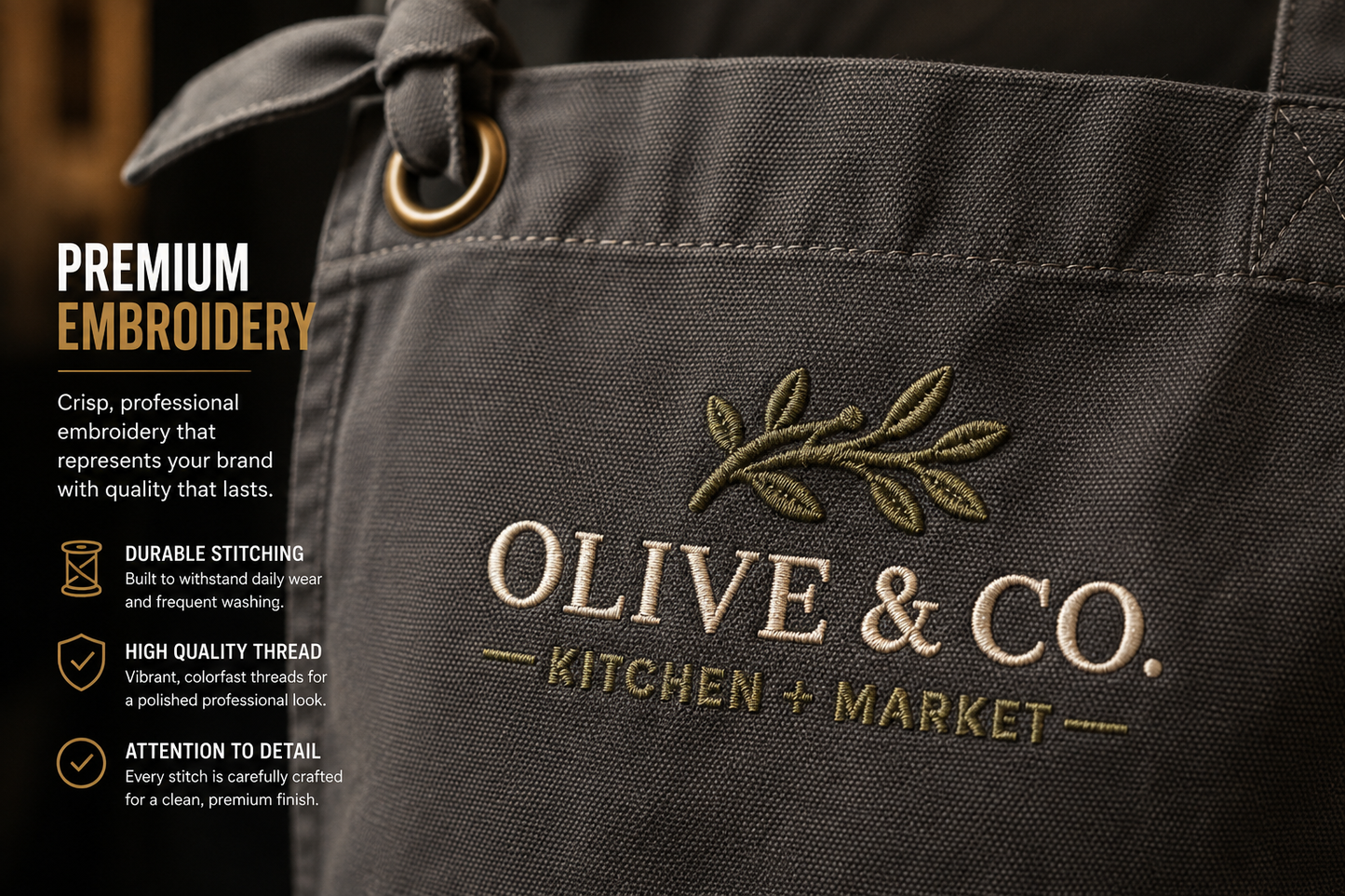 Close-up of premium embroidery on the RP137 artisan apron showing crisp stitching, durable canvas fabric and professional logo detail.