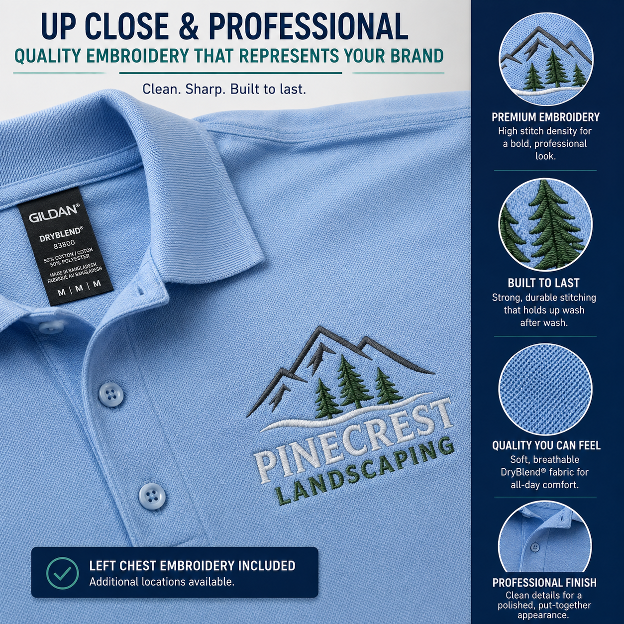 Close-up of professional left chest embroidery on a Gildan 8800 DryBlend polo showing detailed stitching and premium quality.