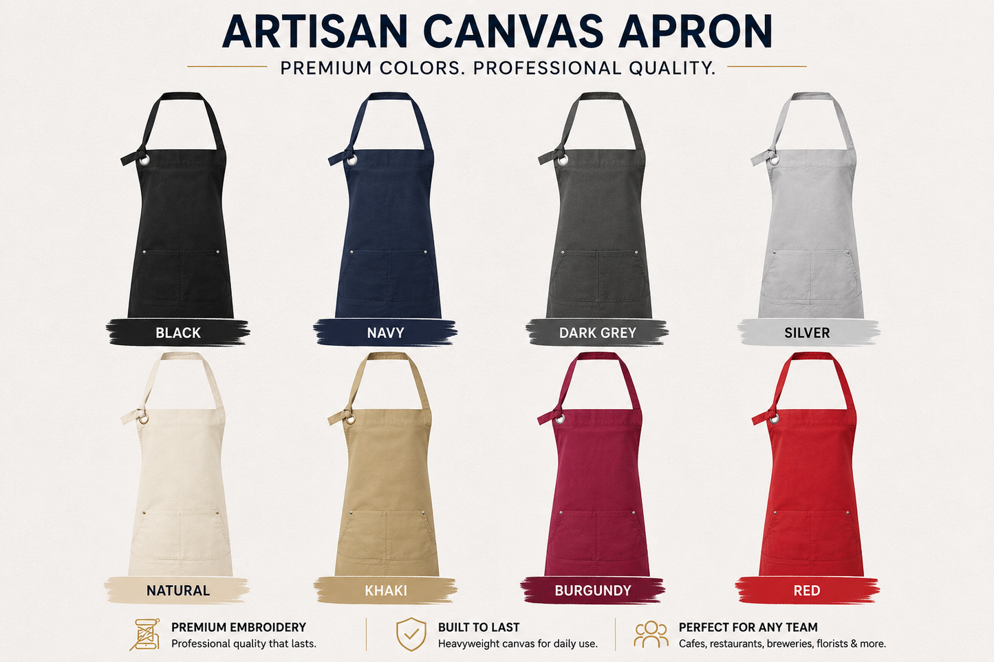 RP137 artisan apron available in black, navy, burgundy, red, mushroom, natural and silver with custom embroidery.