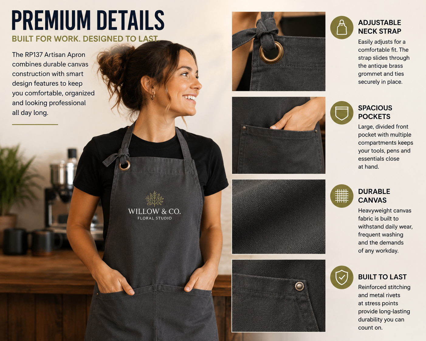 Features of the RP137 artisan apron including adjustable neck strap, durable canvas, large pockets and reinforced construction.