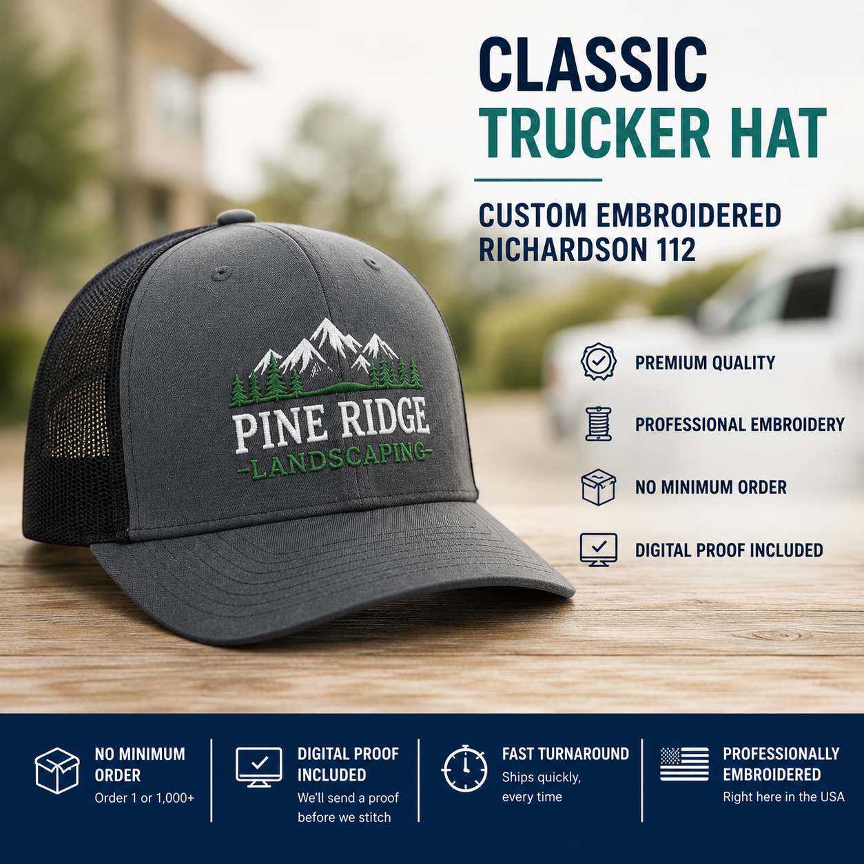 Custom Richardson 112 trucker hat embroidered with company logo