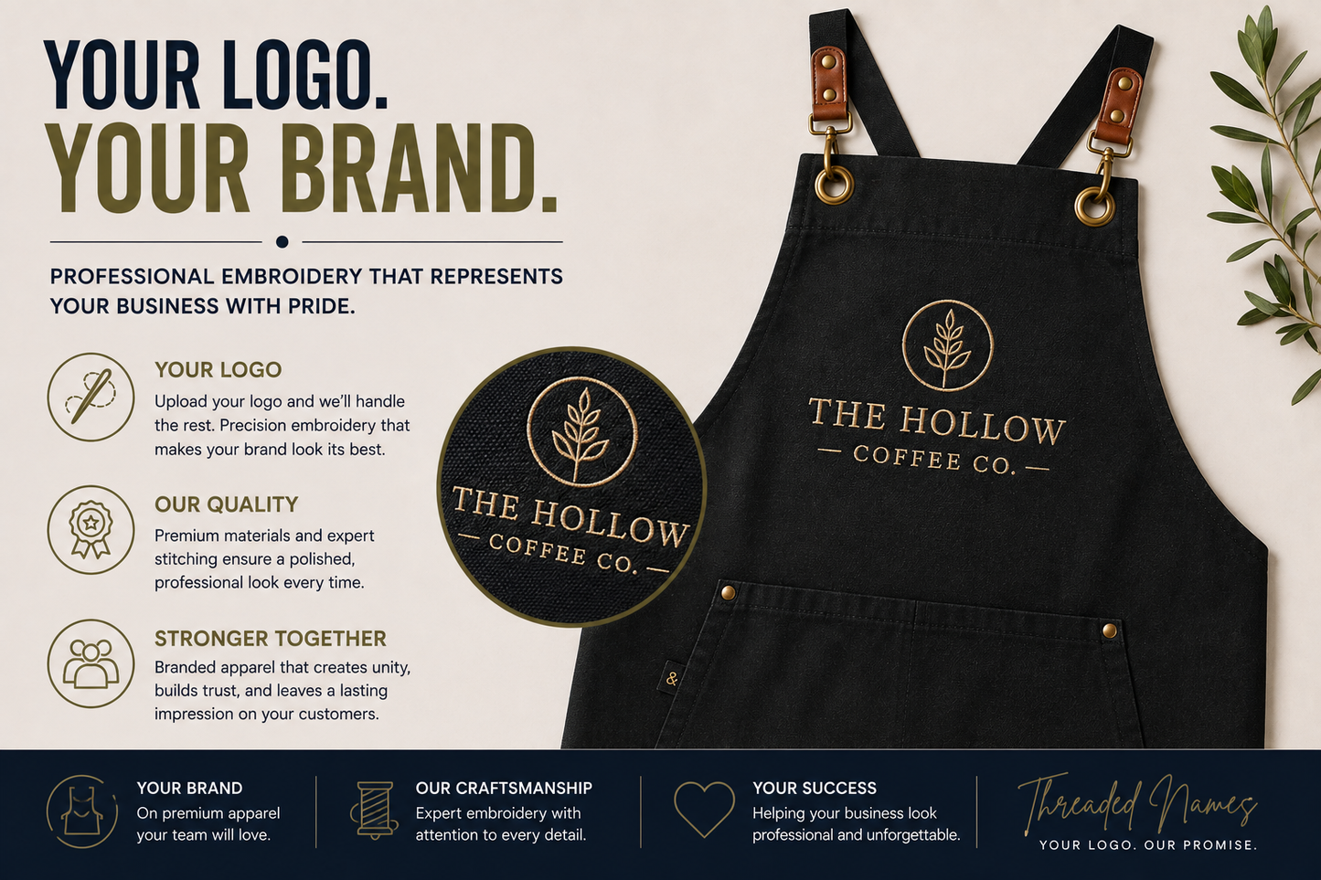 Custom embroidered artisan apron showcasing how your business logo is professionally stitched onto premium apparel.