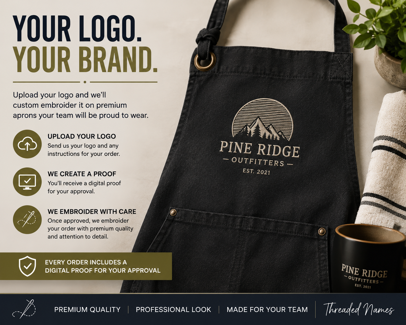 Upload your logo to create personalized embroidered artisan aprons for your business, staff or organization.