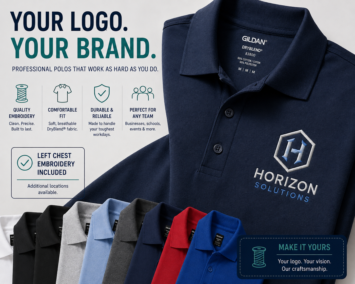 Custom embroidered Gildan 8800 DryBlend polo featuring professional business branding with left chest logo embroidery.