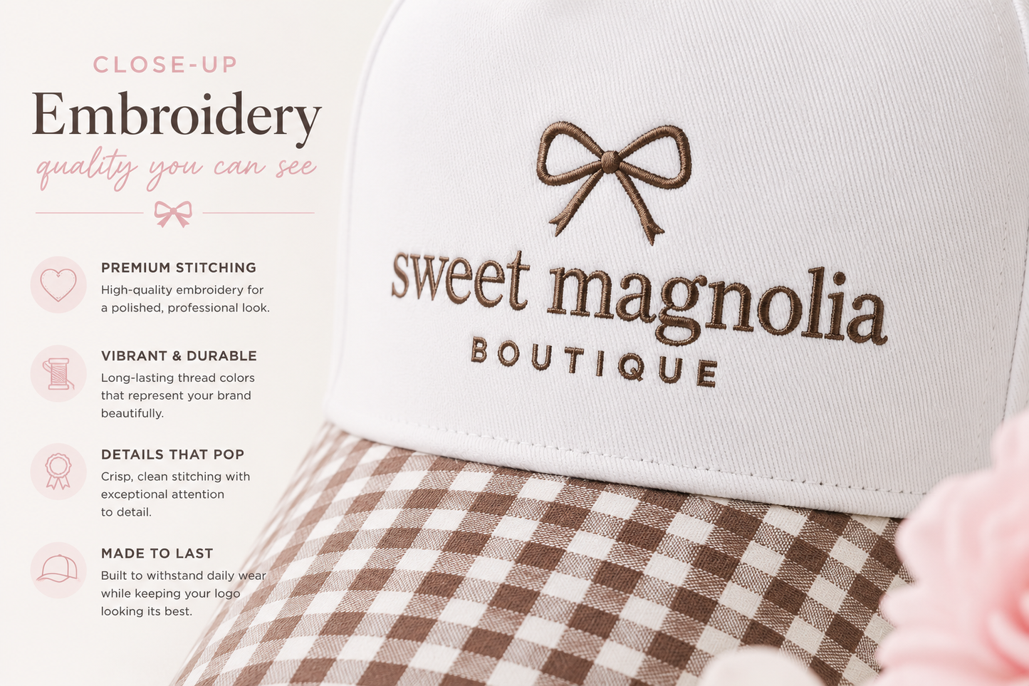 Close-up of premium embroidery stitching on a custom boutique gingham hat.