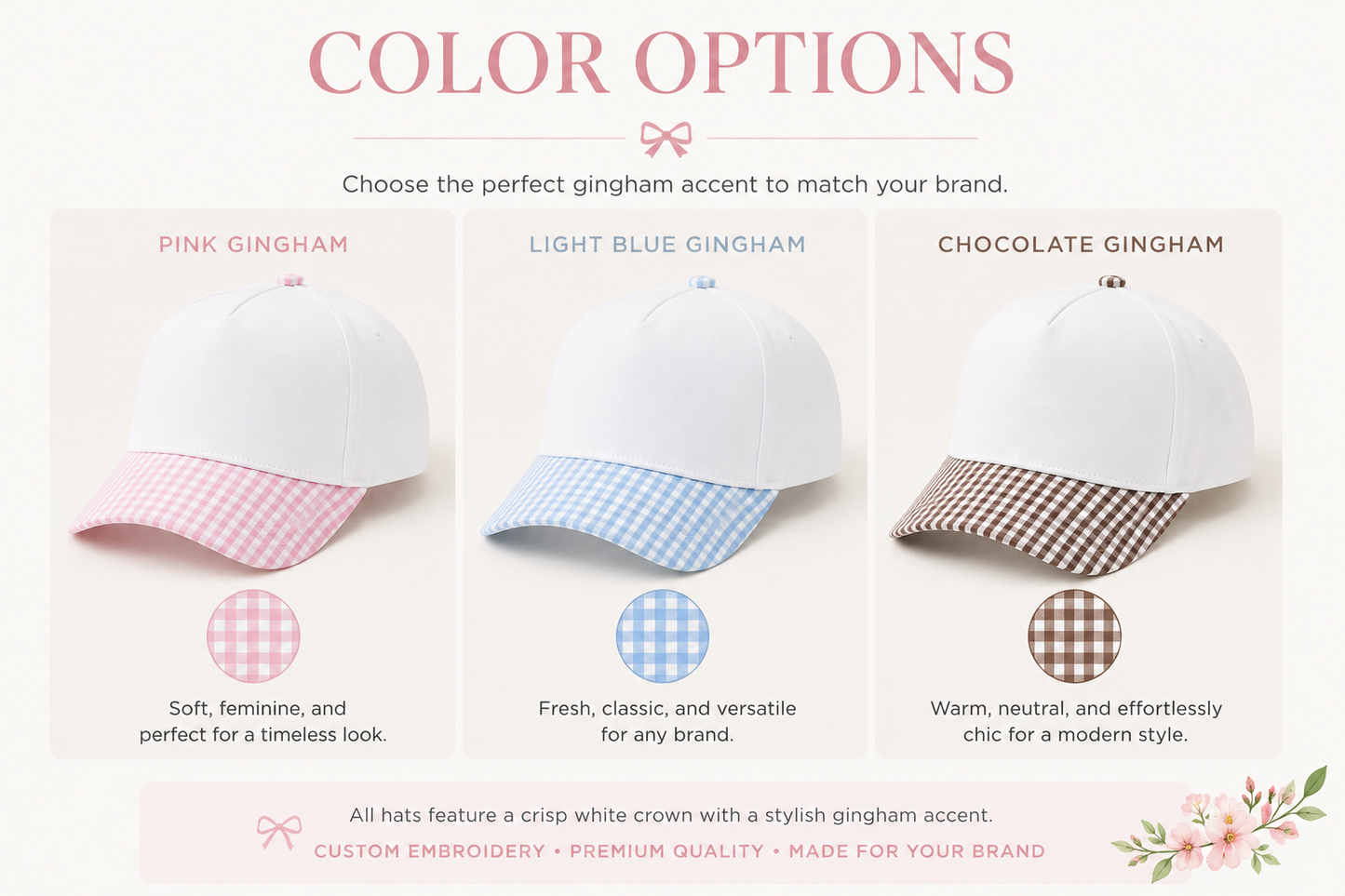 Custom boutique gingham hats available in Pink, Light Blue, and Chocolate gingham.