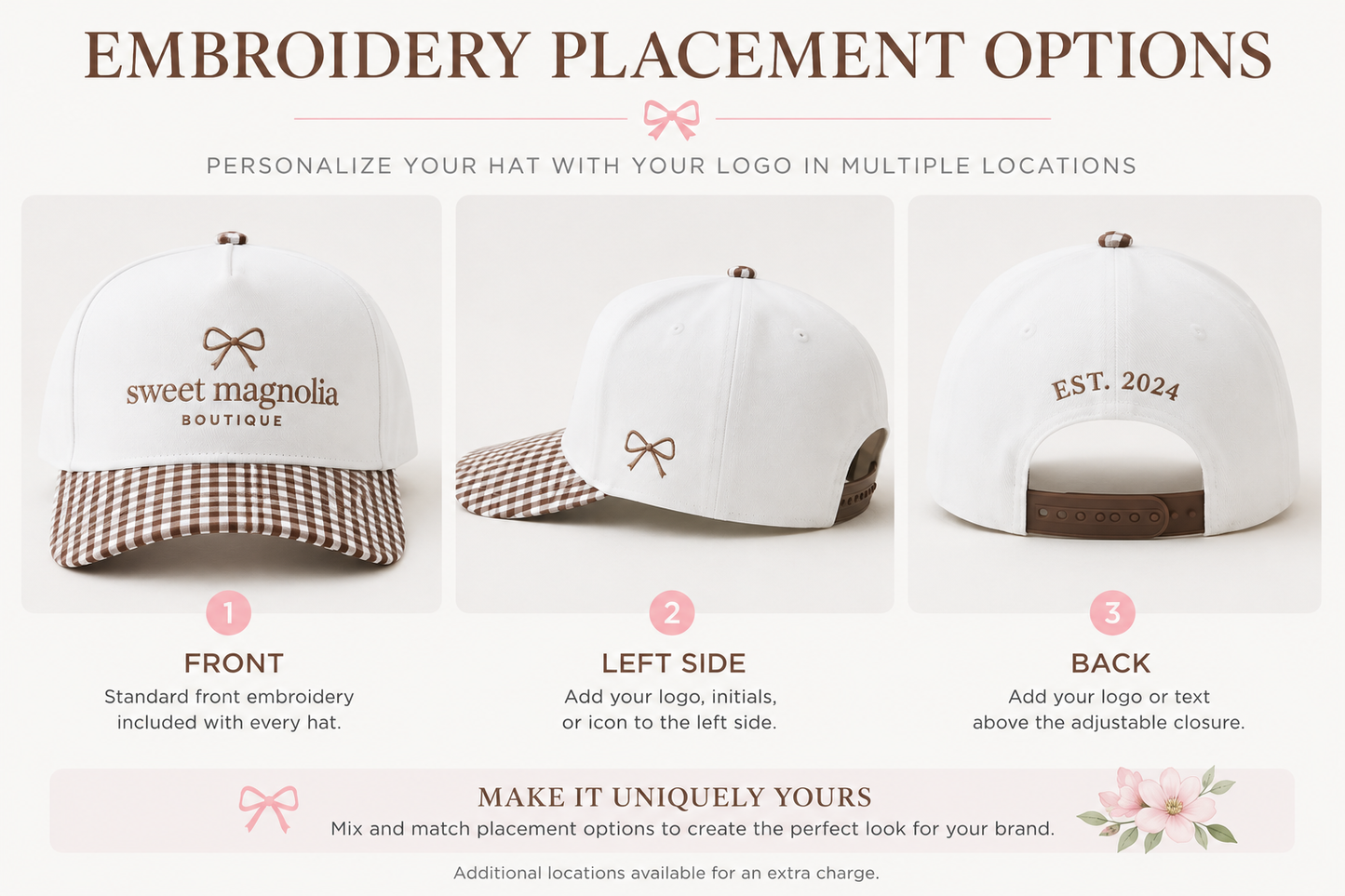 Front, left side, and back embroidery placement options for custom boutique gingham hats.