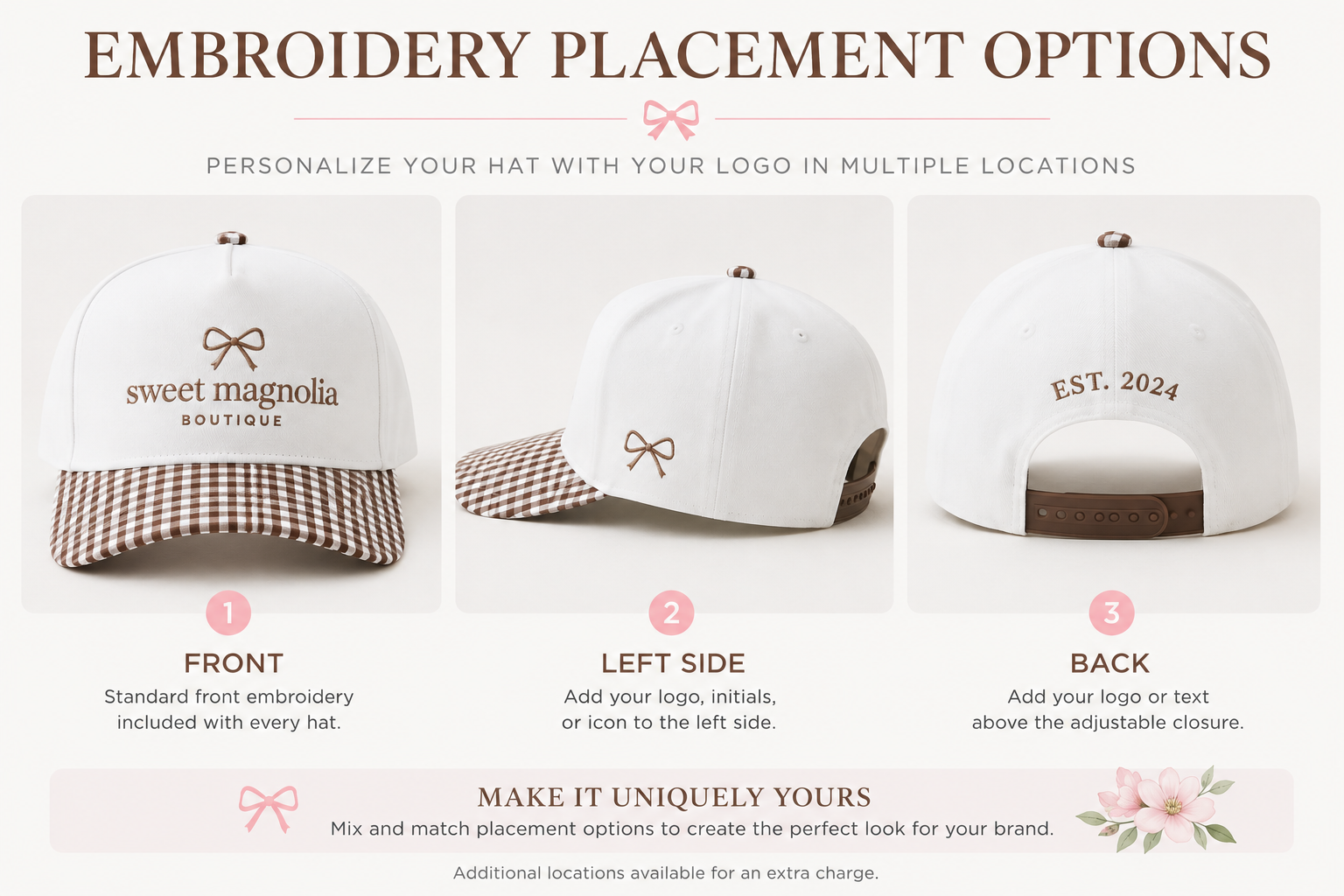 Front, left side, and back embroidery placement options for custom boutique gingham hats.
