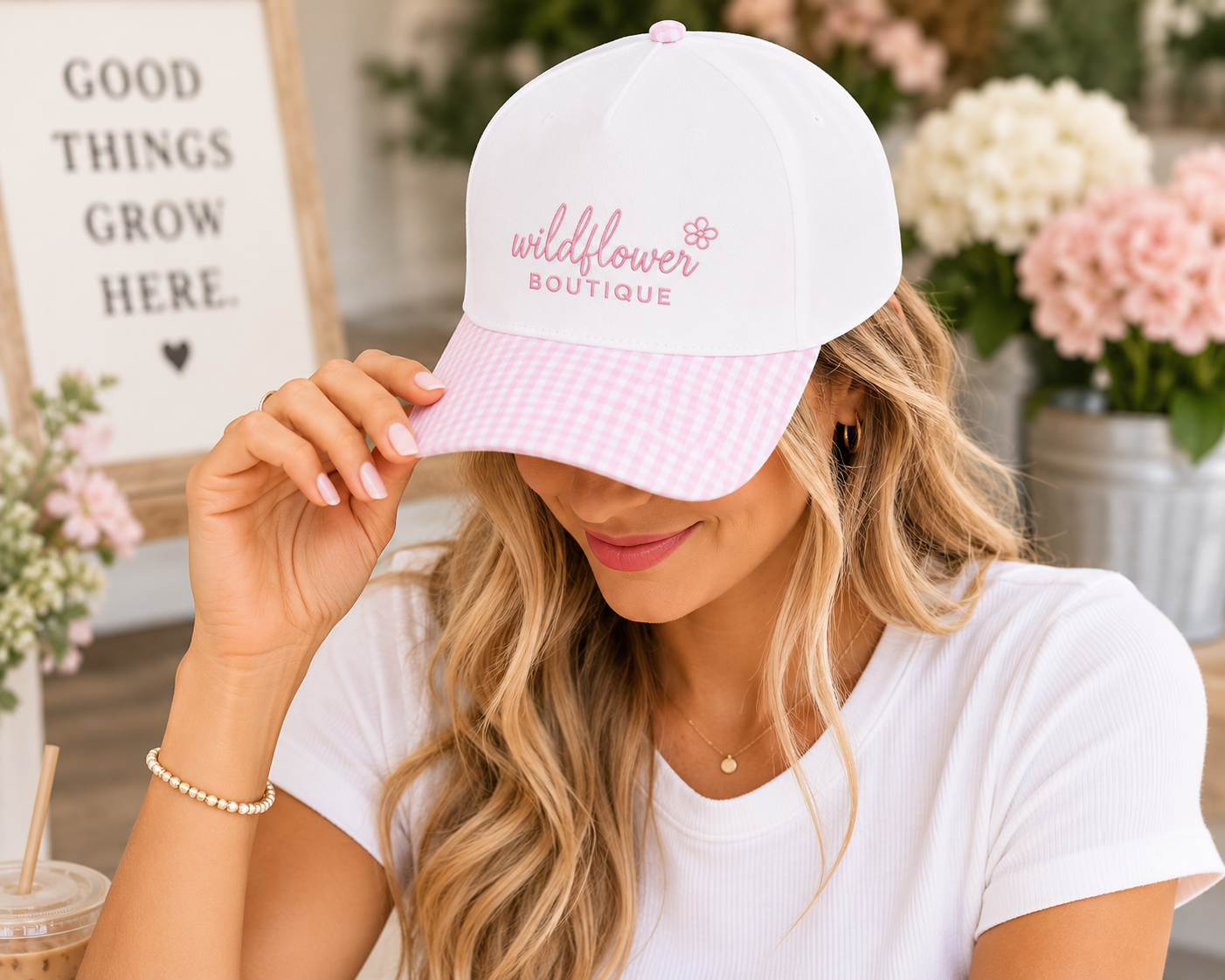 Custom boutique gingham hats available in Pink, Light Blue, and Chocolate gingham.