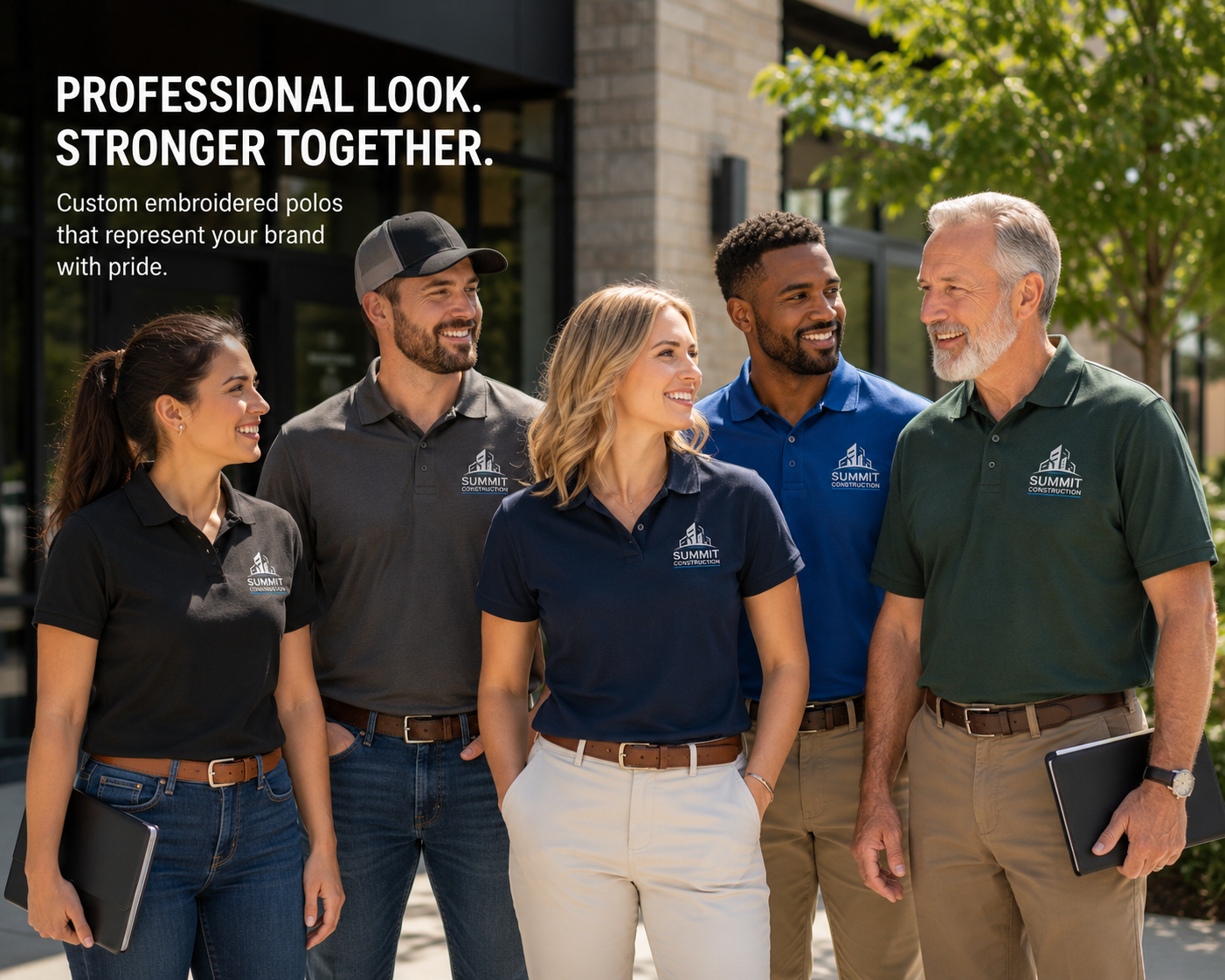 Employees wearing custom embroidered polo shirts with company logos. Professional uniforms for businesses, restaurants, construction companies, schools and golf courses.