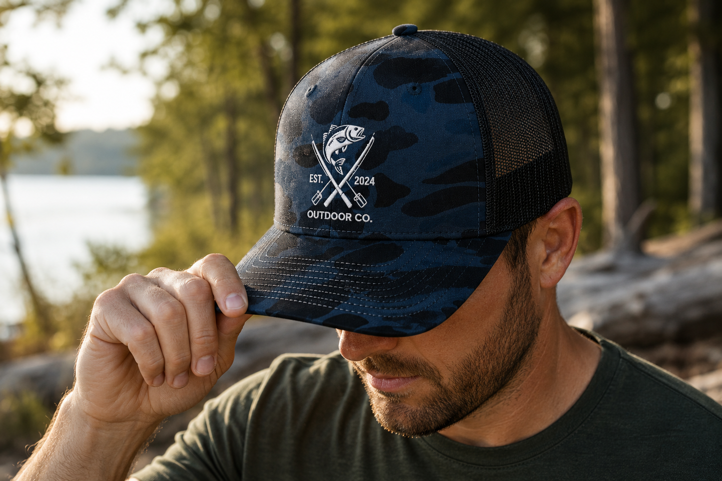 Business owner wearing a custom embroidered camouflage trucker hat with professionally stitched company logo.