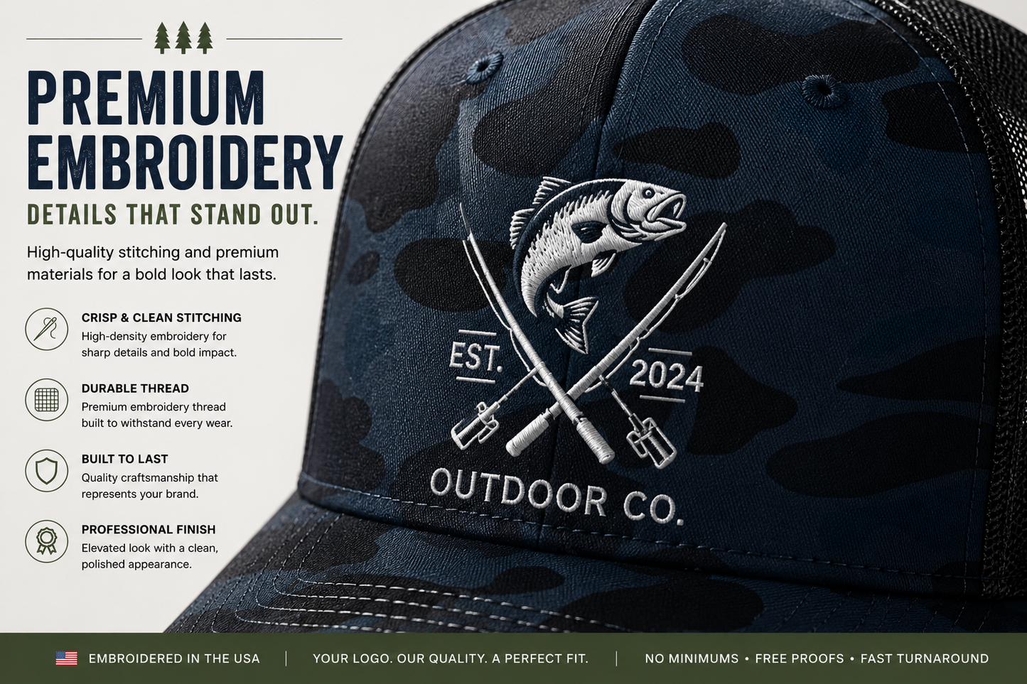 Close-up of premium commercial embroidery stitched on a camouflage trucker hat showing professional thread detail.