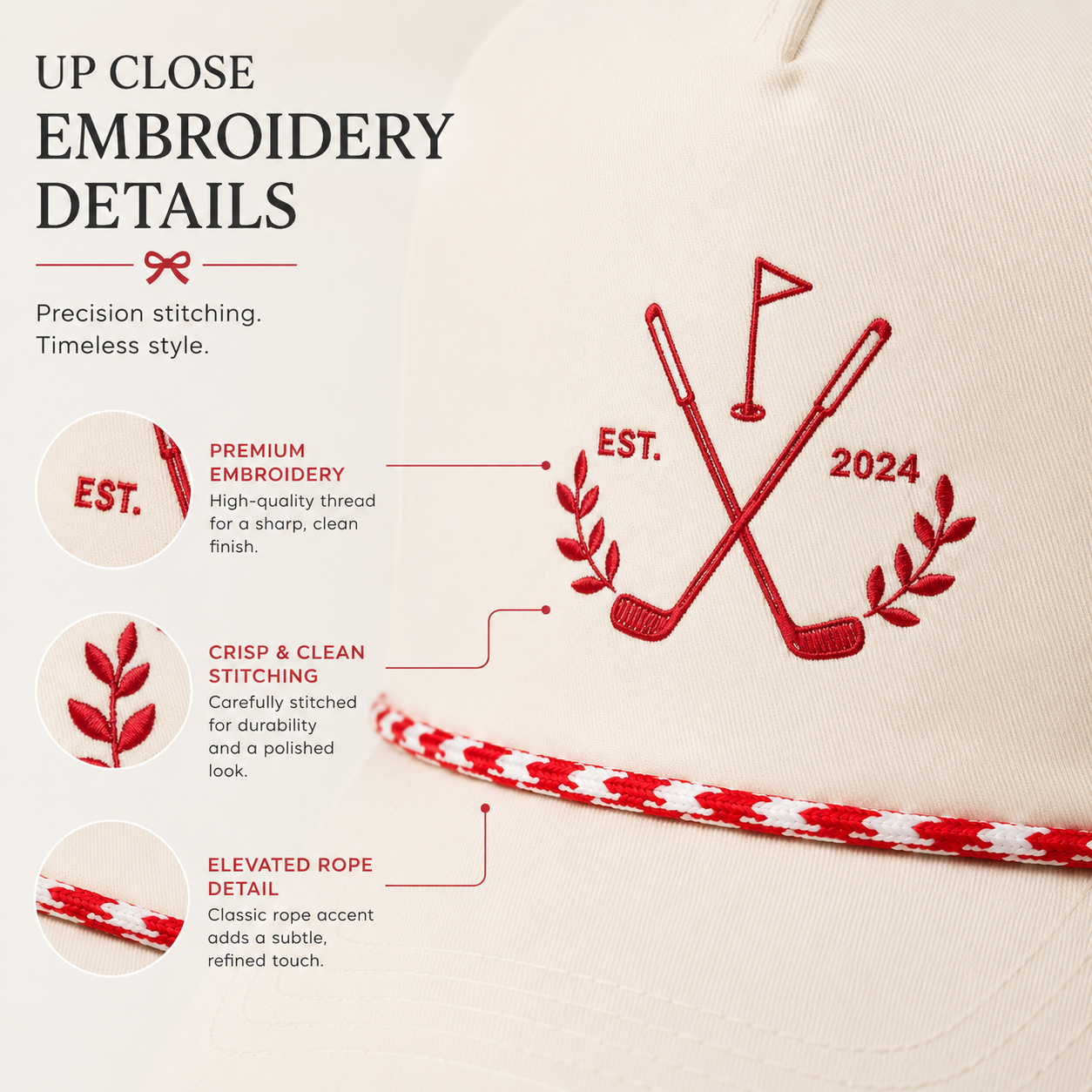 Close-up view of premium red embroidery stitching and braided rope detail on a custom classic rope hat.