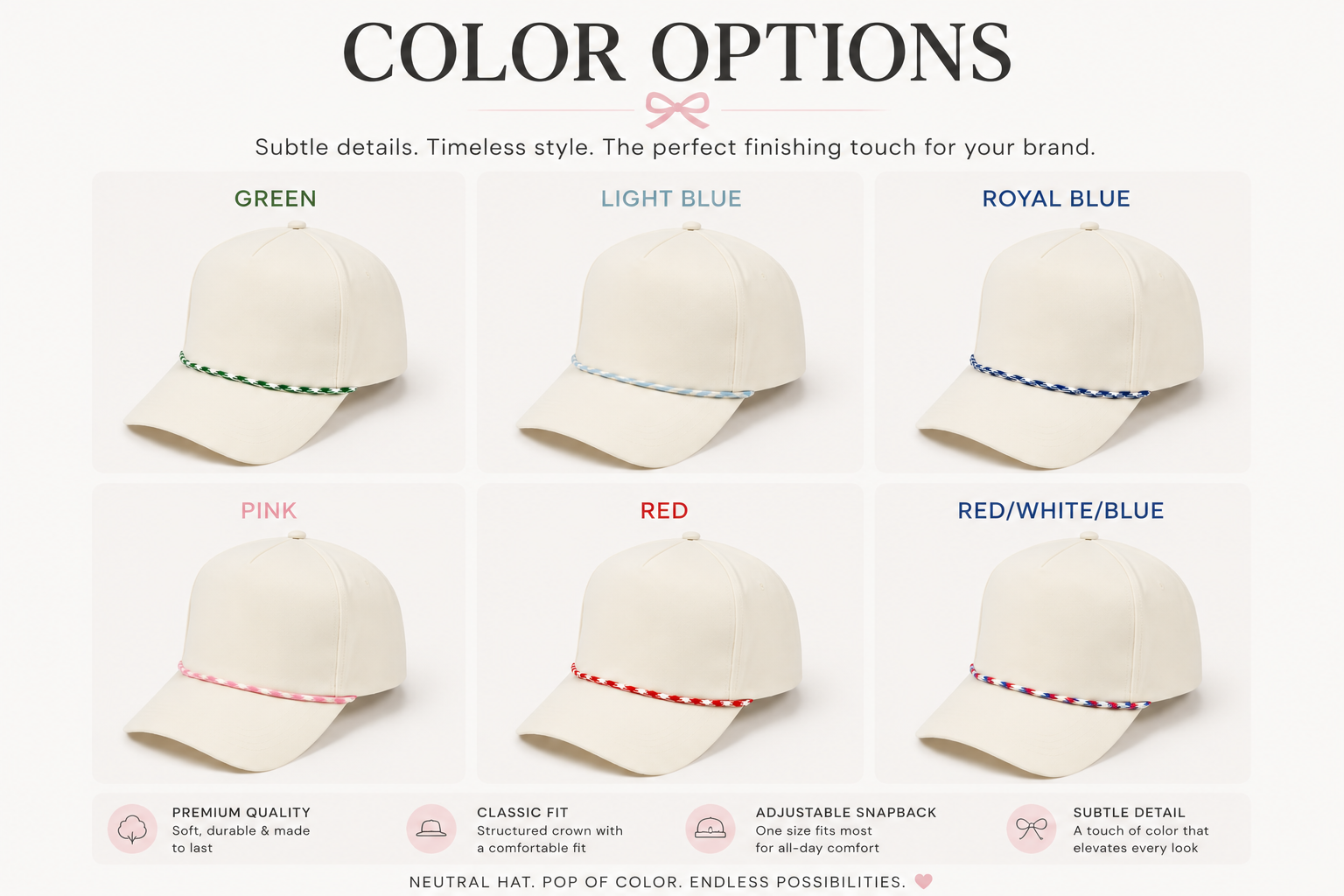 Custom classic rope hats available with Green, Light Blue, Royal Blue, Pink, Red, and Red White Blue braided rope accents.