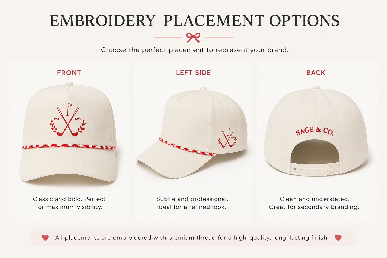 Front, left side, and back embroidery placement options for custom classic rope hats.