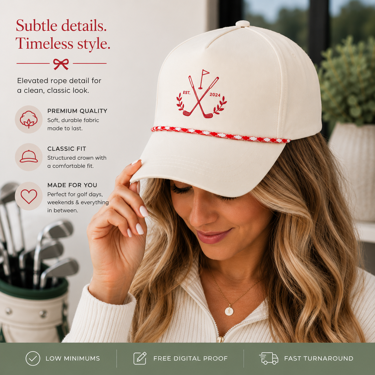Woman wearing a custom embroidered classic rope hat with a red golf logo and braided rope detail.