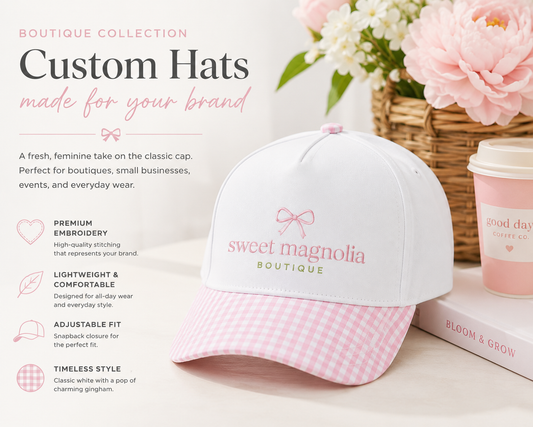 Custom embroidered boutique gingham hat with white crown and chocolate gingham brim for business logos.