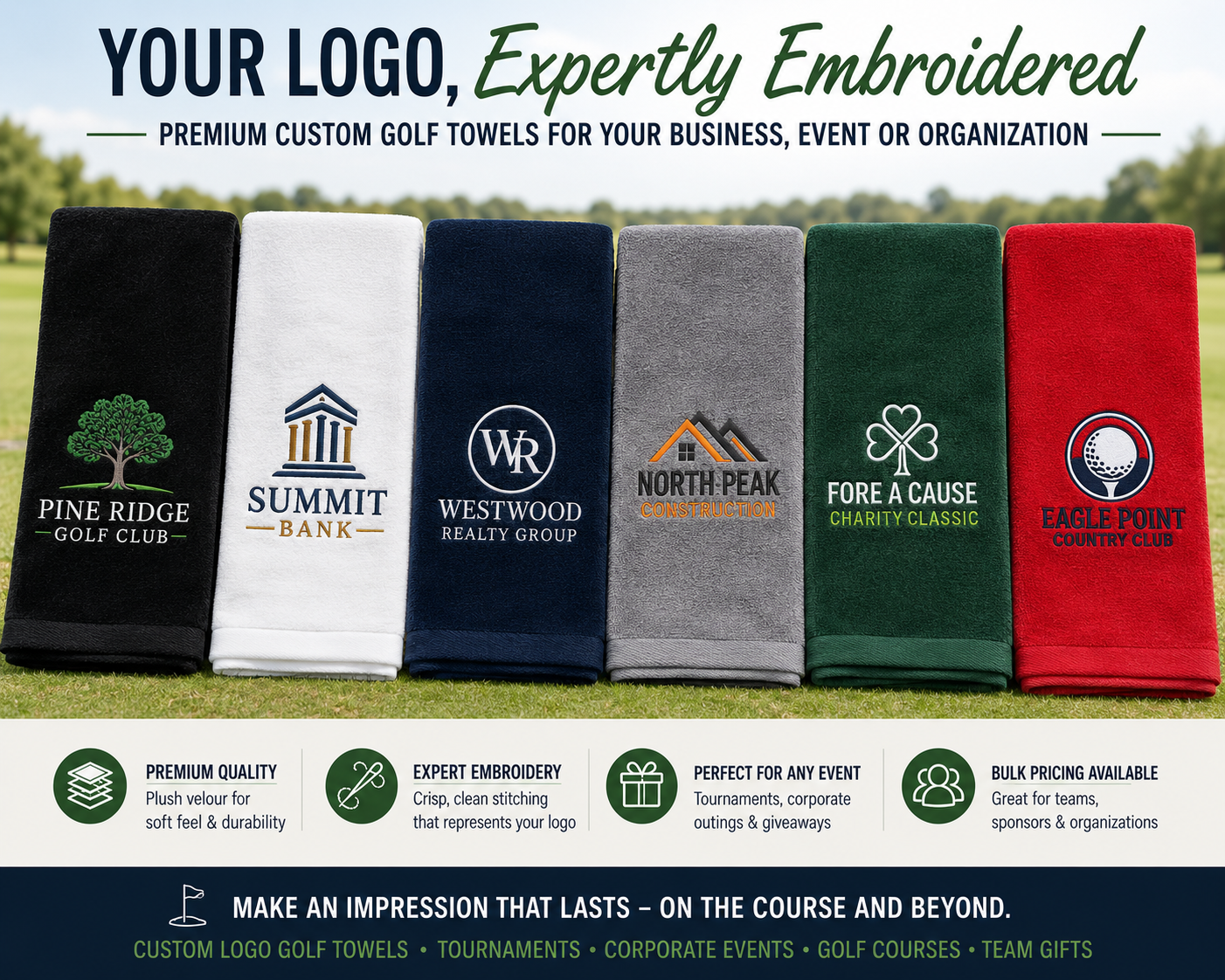 Custom embroidered velour golf towels featuring example business logos for golf courses, banks, construction companies, real estate agencies, charity golf tournaments and corporate events.
