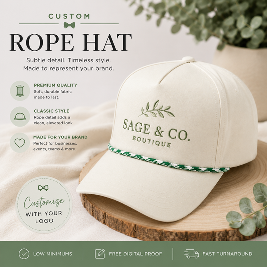 Custom embroidered classic rope hat with cream crown and red braided rope accent for business logos.