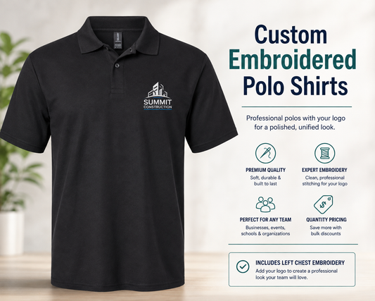 Custom embroidered Gildan 64800 polo shirt with left chest business logo. Professional polo for employee uniforms, schools, golf courses, corporate apparel and team branding.