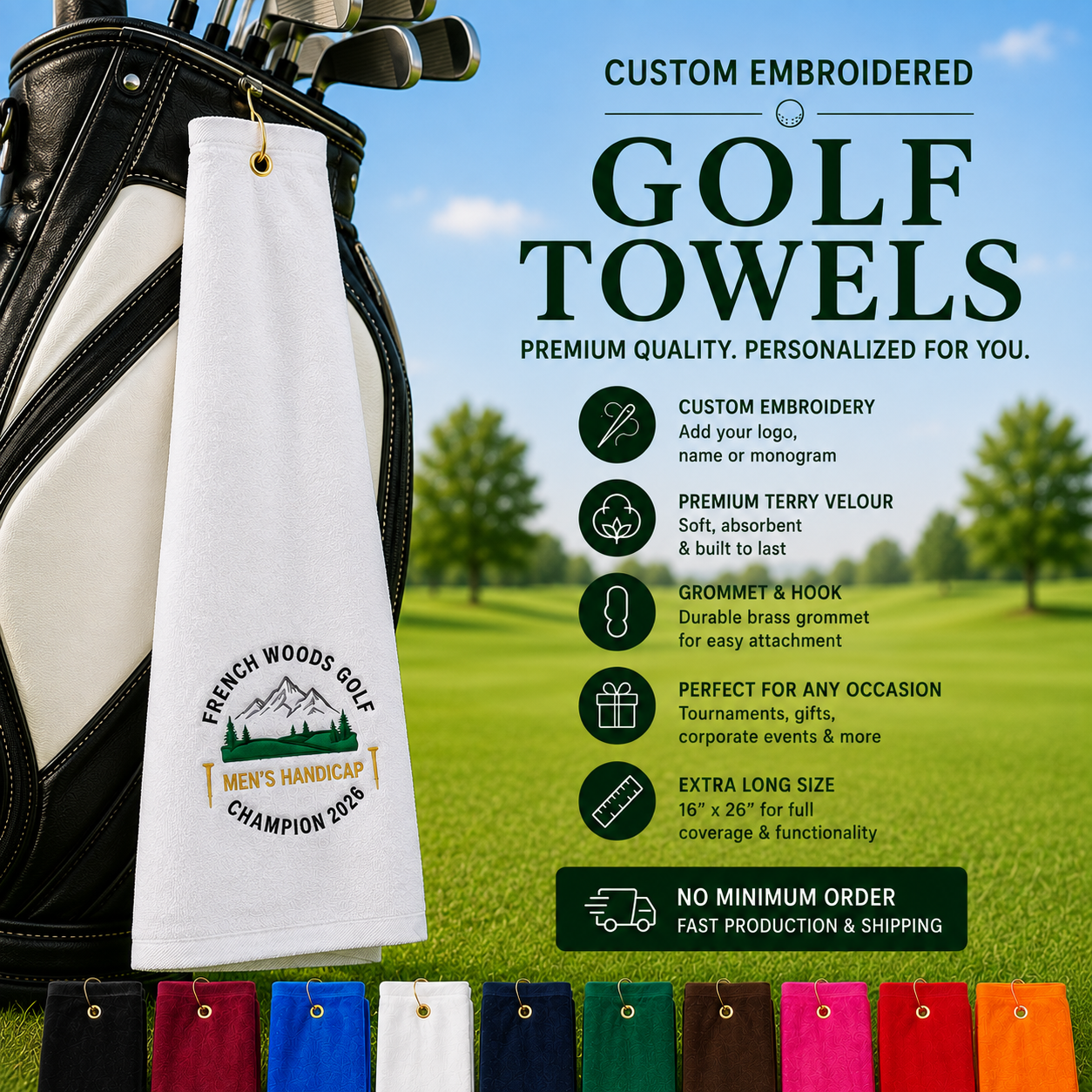 Custom embroidered golf towel with business logo, premium waffle weave towel for tournaments, golf courses and corporate events.