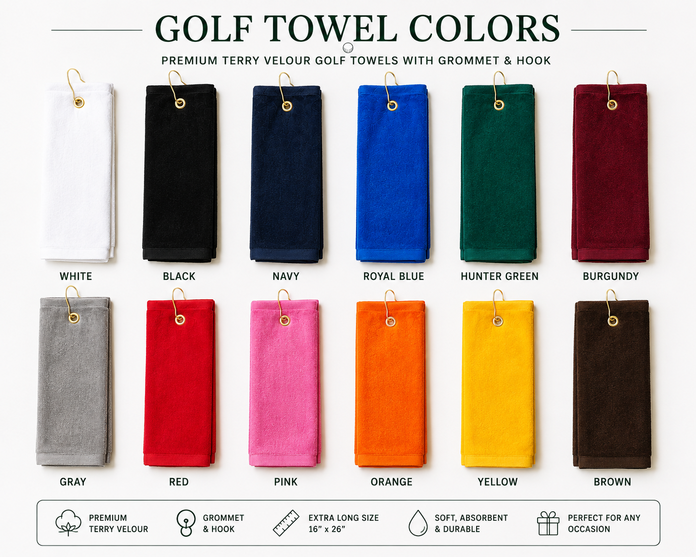 Color options available for custom embroidered golf towels including black, white, navy, blue, green, pink, red and yellow.