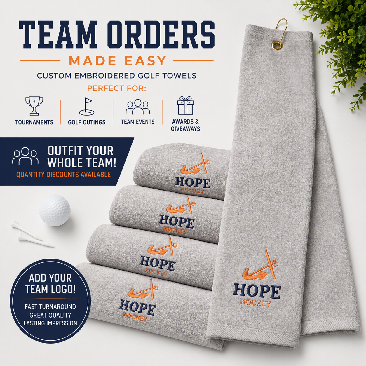Personalized embroidered golf towels for golf teams, leagues, country clubs and corporate organizations with custom logo embroidery.