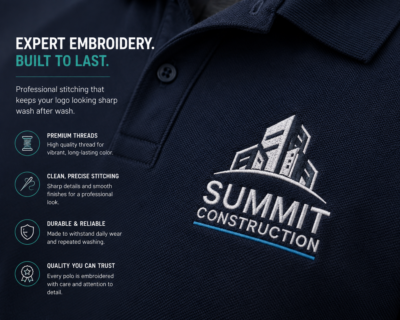 Close-up of premium left chest embroidery on a custom Gildan 64800 polo shirt showing clean, professional logo stitching and high-quality embroidery.