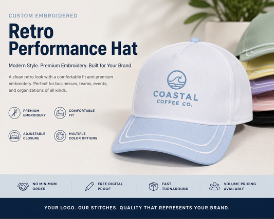Custom embroidered retro performance hat with white crown and light blue contrast bill for business logos.