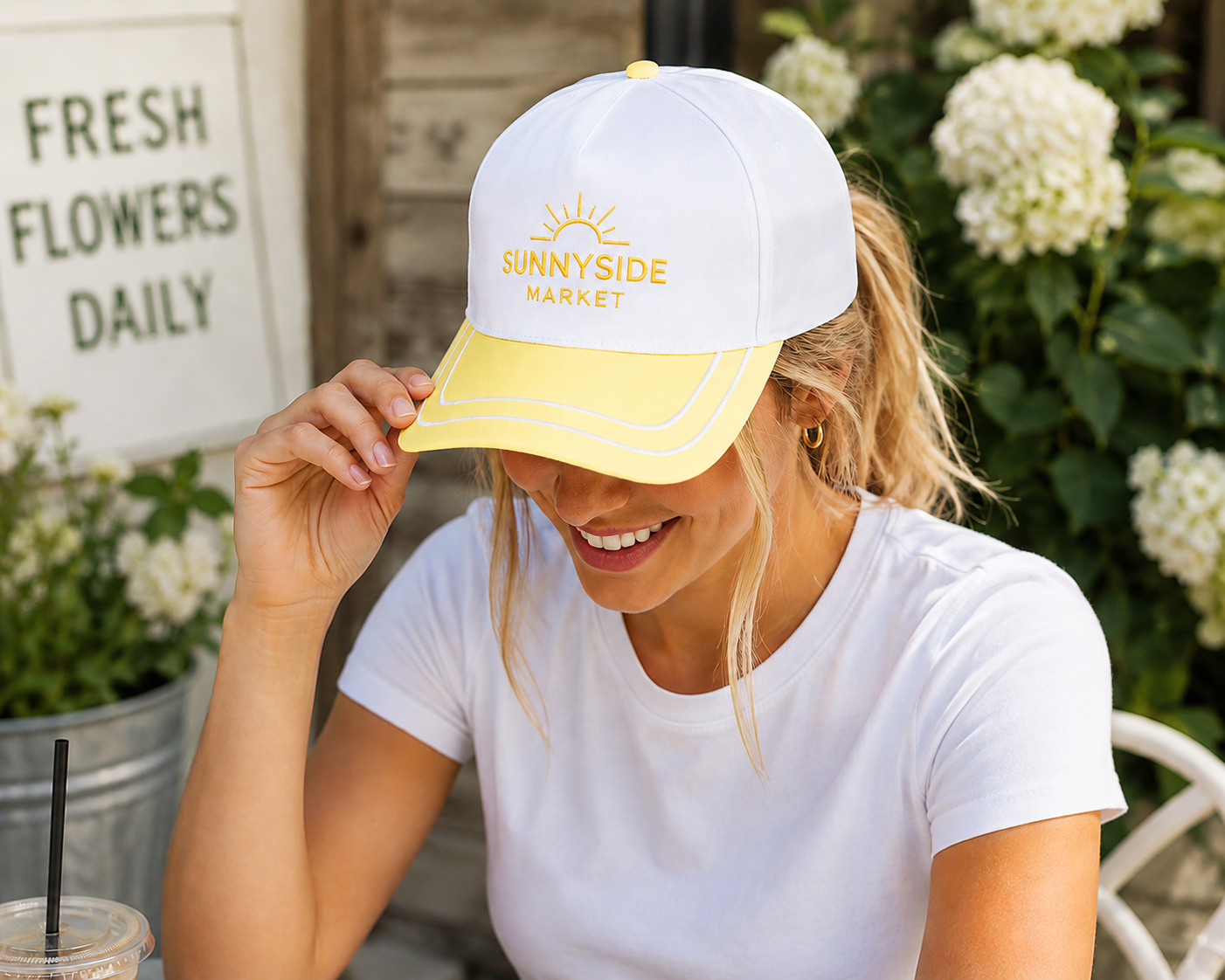 Woman wearing a custom embroidered retro performance hat with a business logo.