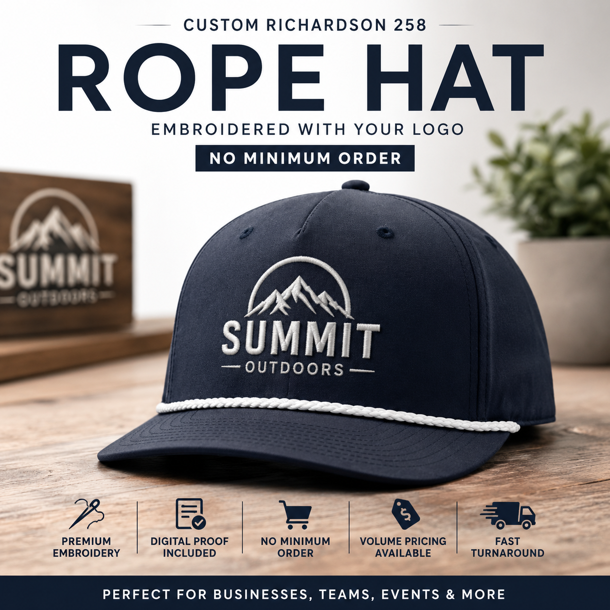Custom Richardson 258 rope hat embroidered with company logo for businesses, teams, and organizations.